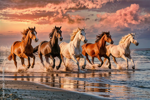 A Group of Horses Galloping Along a Beach at Sunset, With the Ocean Waves Splashing Around Them. photo