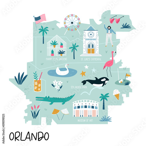 Colorful illustrated map of Orlando city, Florida state, USA, with animals, famous symbols, landmarks. Vector illustration for travel banners, posters, books, graphic prints