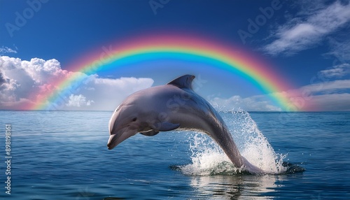 dolphin jumping out of water and rainbow in background 