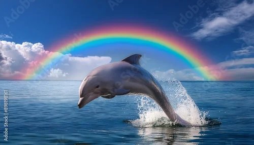 Tapety dolphin jumping out of water and rainbow in background 