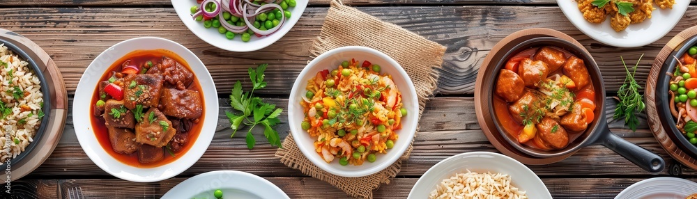 Assortment of delicious meals, including stir-fry, stew, and rice, served on a rustic wooden table. Assortment of delicious meals, including stir-fry, stew, and rice, served on a rustic wooden table.