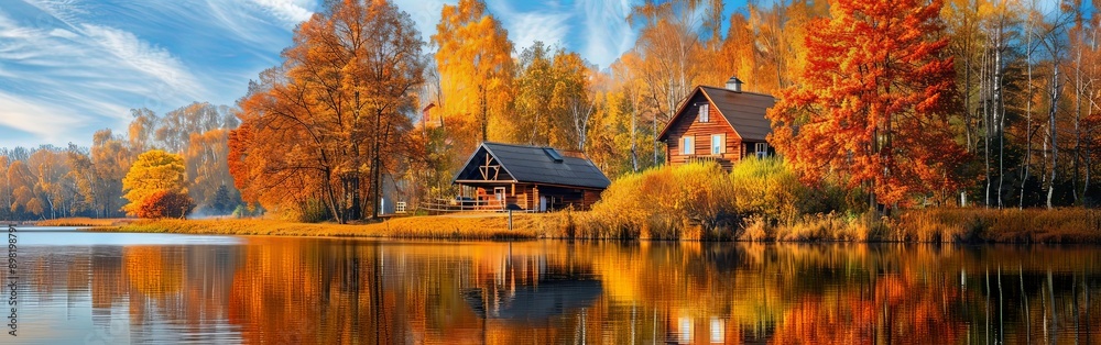Serene Autumn Landscape with Vibrant Trees and River Serene Autumn Landscape with Vibrant Trees and River