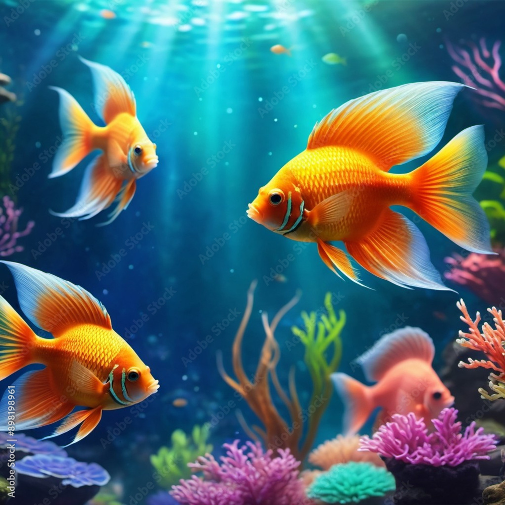 Fototapeta premium Vibrant orange white yellow blue red reef fish swim through coral reef. Sun rays pierce sea water. Variety of animal. Ecology hydrosphere. Anthropogenic factor influencing death of coral reefs. AI
