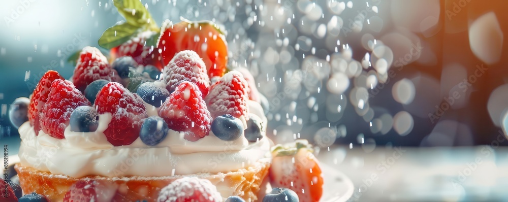 Delicious strawberry and blueberry cake with whipped cream, sprinkled with powdered sugar. Delicious strawberry and blueberry cake with whipped cream, sprinkled with powdered sugar.
