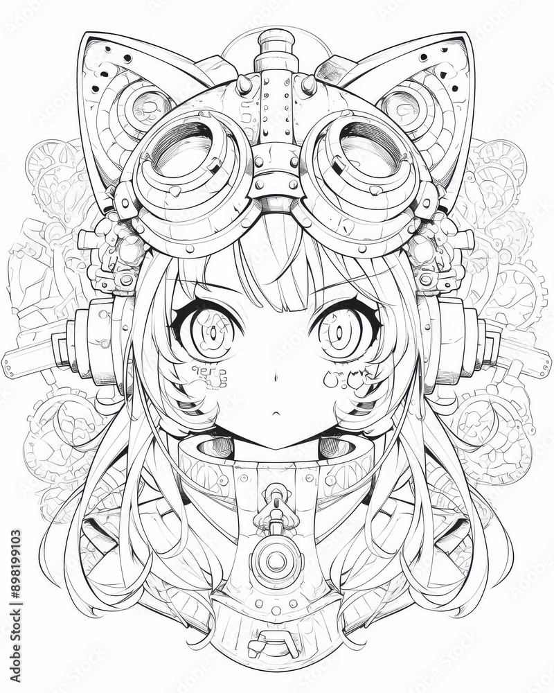 Beautiful anime girl, Black and white vector art, mandala coloring book page. Beautiful anime girl, Black and white vector art, mandala coloring book page.