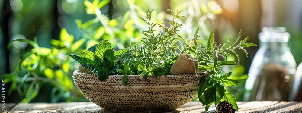 Fragrant different herbs in a bowl. Selective focus. Fragrant different herbs in a bowl. Selective focus.