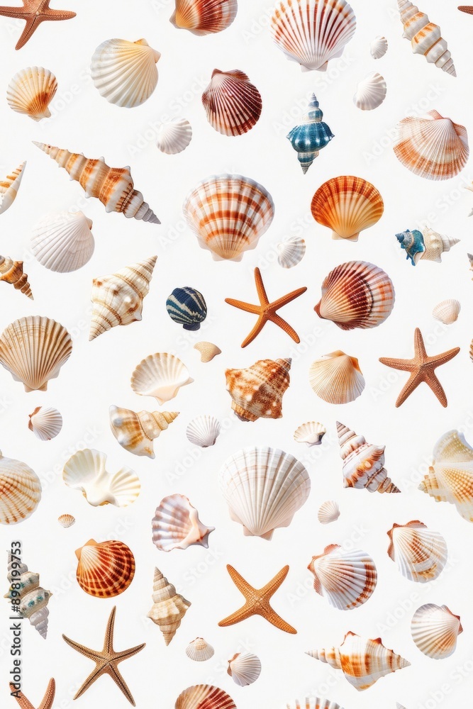 Seashells and coastal treasures in a seamless beach pattern rendered in watercolor style Seashells and coastal treasures in a seamless beach pattern rendered in watercolor style
