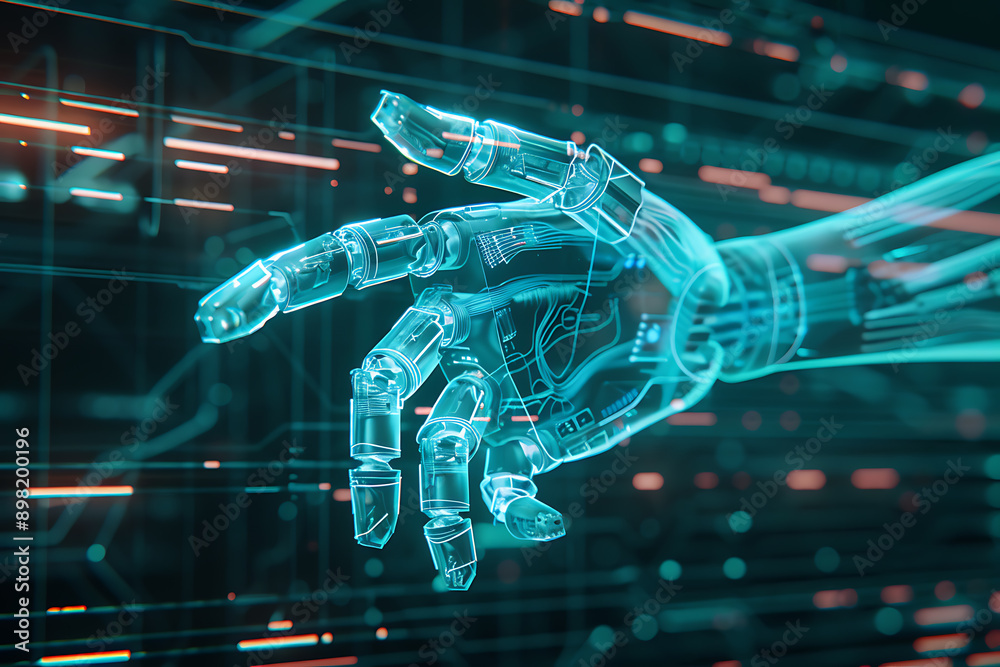 Wireframe rendering of a robotic hand on a glowing translucent background, highlighting advanced robotic technology and precision engineering. The scene emphasizes the futuristic design and innovation Wireframe rendering of a robotic hand on a glowing translucent background, highlighting advanced robotic technology and precision engineering. The scene emphasizes the futuristic design and innovation
