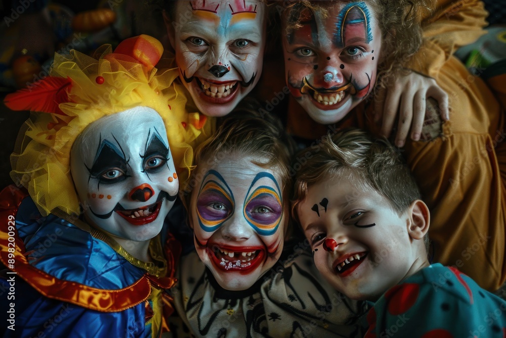 Four Children Dressed as Clowns with Painted Smiles Four Children Dressed as Clowns with Painted Smiles