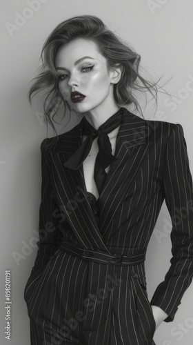 Fashionable woman in a stylish black pinstripe suit and dark makeup. Monochrome fashion portrait in classic style. Professional studio shot with a modern, sophisticated look. AI photo