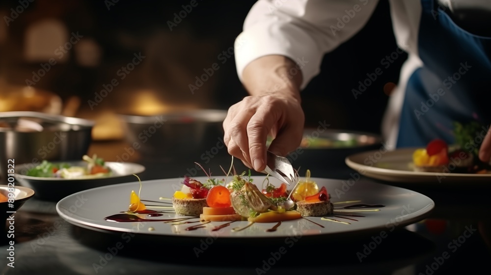 Master chef cook man hands precisely cooking dressing preparing tasty fresh delicious mouthwatering gourmet dish food on plate to customers 5-star michelin restaurant kitchen close-up detailed artwork Master chef cook man hands precisely cooking dressing preparing tasty fresh delicious mouthwatering gourmet dish food on plate to customers 5-star michelin restaurant kitchen close-up detailed artwork