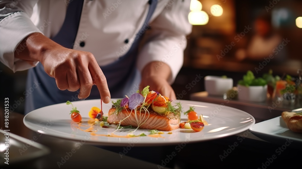 Master chef cook man hands precisely cooking dressing preparing tasty fresh delicious mouthwatering gourmet dish food on plate to customers 5-star michelin restaurant kitchen close-up detailed artwork Master chef cook man hands precisely cooking dressing preparing tasty fresh delicious mouthwatering gourmet dish food on plate to customers 5-star michelin restaurant kitchen close-up detailed artwork