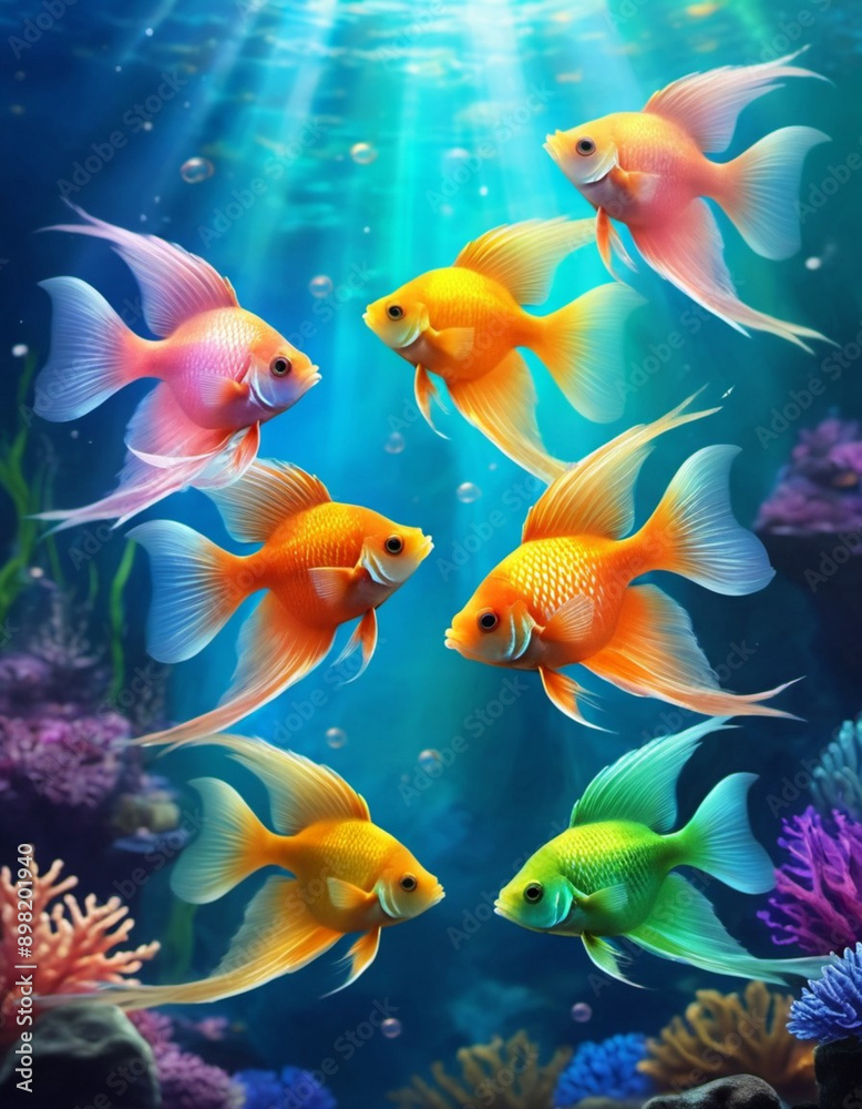 Fototapeta premium Vibrant orange white yellow blue red reef fish swim through coral reef. Sun rays pierce sea water. Variety of animal. Ecology hydrosphere. Anthropogenic factor influencing death of coral reefs. AI