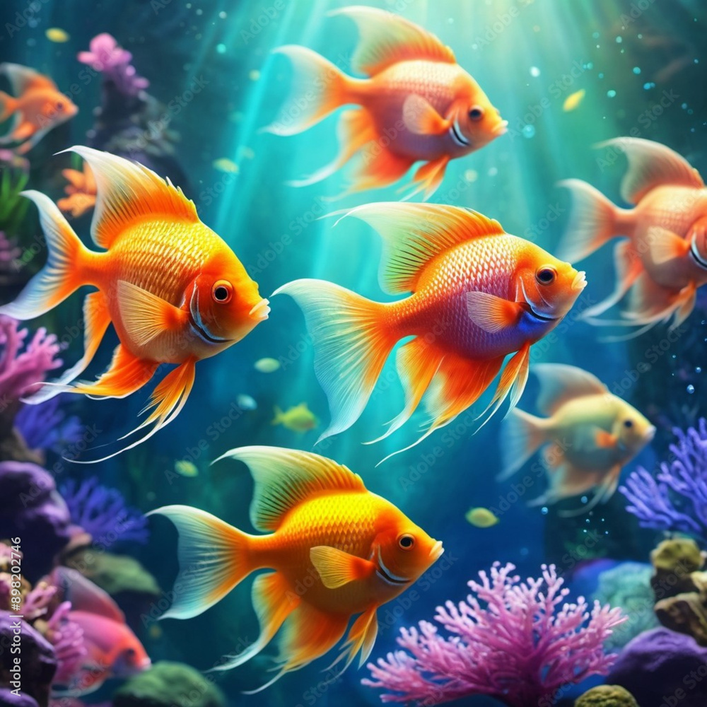 Vibrant orange white yellow blue red reef fish swim through coral reef. Sun rays pierce sea water. Variety of animal. Ecology hydrosphere. Anthropogenic factor influencing death of coral reefs. AI Vibrant orange white yellow blue red reef fish swim through coral reef. Sun rays pierce sea water. Variety of animal. Ecology hydrosphere. Anthropogenic factor influencing death of coral reefs. AI