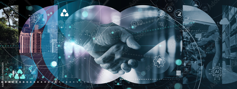 ESG management Green business tool powered by AI to save the world future concept Ideas Cooperation in managing bio-carbon waste cycle data for a better city life on handshake background