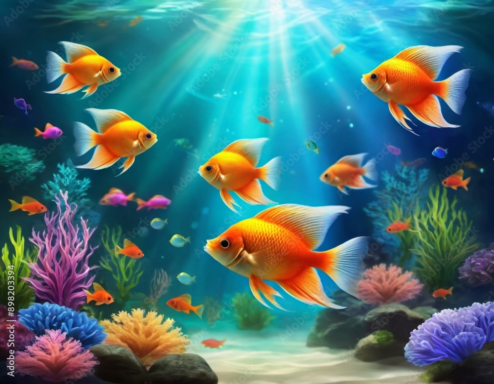 Naklejka premium Vibrant orange white yellow blue red reef fish swim through coral reef. Sun rays pierce sea water. Variety of animal. Ecology hydrosphere. Anthropogenic factor influencing death of coral reefs. AI