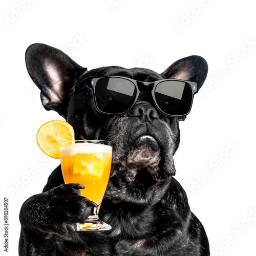 Funny portrait of black bulldog with sunglasses in a cocky attitude holding a cocktail on a cut out PNG transparent background