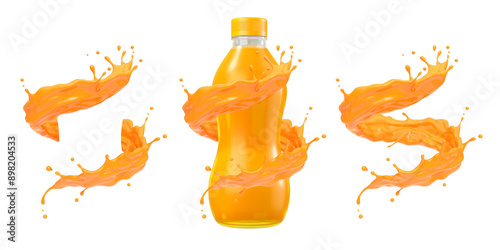 Fresh Orange juice or mango juice flow and splash with bottle, Clipping path, 3D rendering.