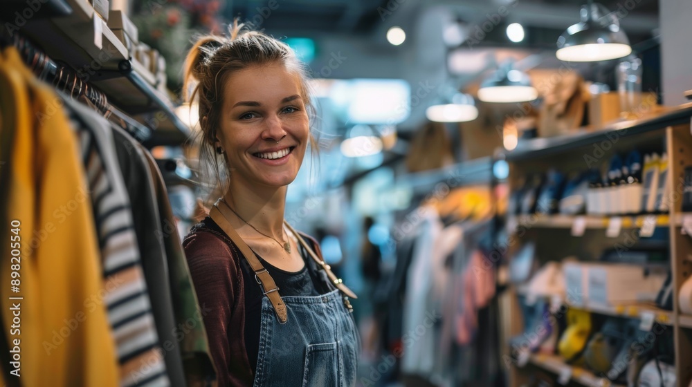 Smiling Woman in Denim Overalls at a Store