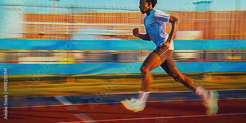 Young High School Runner: A high school track and field runner sprinting down the home stretch toward the finish line.