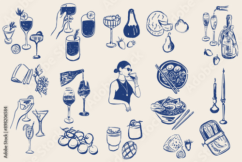Food and drinks in boho style collection . Hand drawn minimal design. Perfect for wallpaper, template, banner, wall decor, print, postcard, cover. Vector illustration