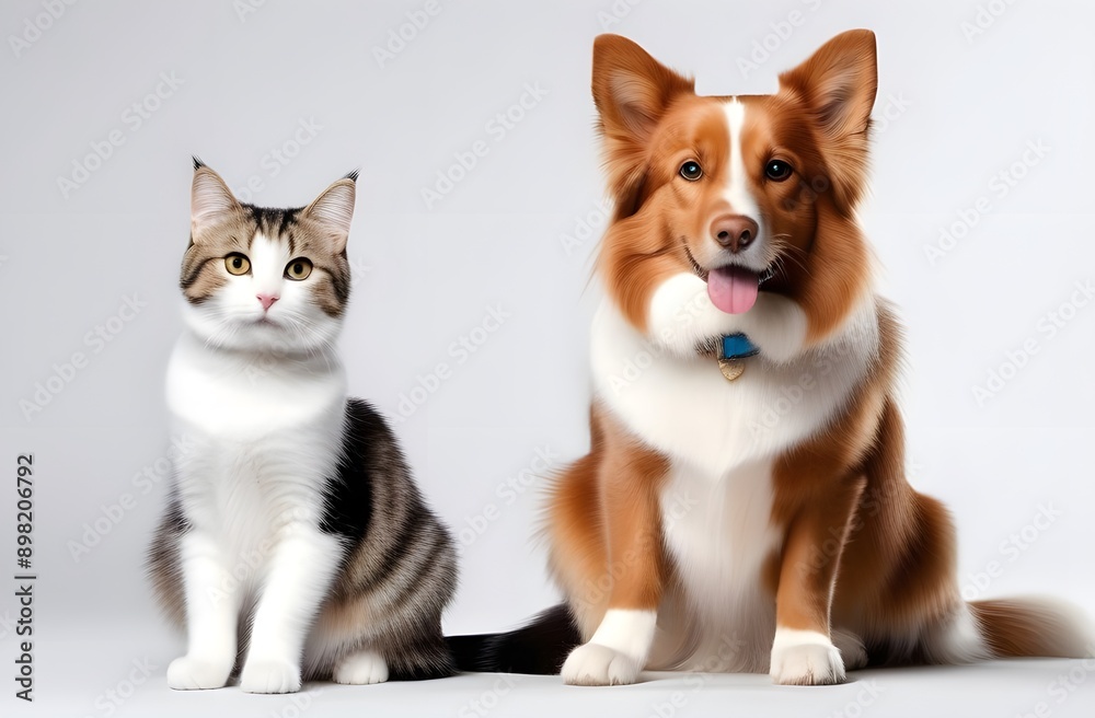 A photo of a cat and a dog on a white background. Cute pets for the pet store veterinary clinic. Cute fluffy cats and a dog are looking directly at the camera. A photo of a cat and a dog on a white background. Cute pets for the pet store veterinary clinic. Cute fluffy cats and a dog are looking directly at the camera.
