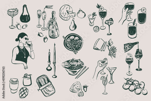 Food and drinks in boho style collection . Hand drawn minimal design. Perfect for wallpaper, template, banner, wall decor, print, postcard, cover. Vector illustration