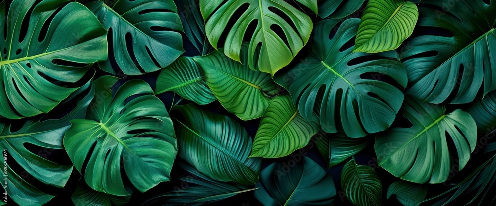 Green Tropical Leaves Background With Dark Green Leaf Textures, Creating A Lush And Exotic Atmosphere Green Tropical Leaves Background With Dark Green Leaf Textures, Creating A Lush And Exotic Atmosphere