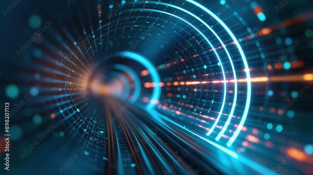 Obraz premium Glowing digital tunnel with vibrant color waves and futuristic shapes