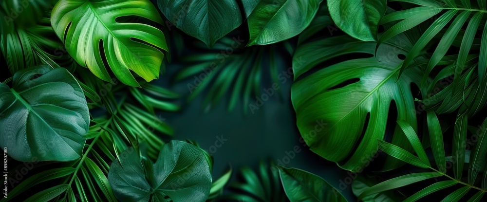 Green Tropical Leaves Background With Dark Green Leaf Textures, Creating A Lush And Exotic Atmosphere Green Tropical Leaves Background With Dark Green Leaf Textures, Creating A Lush And Exotic Atmosphere