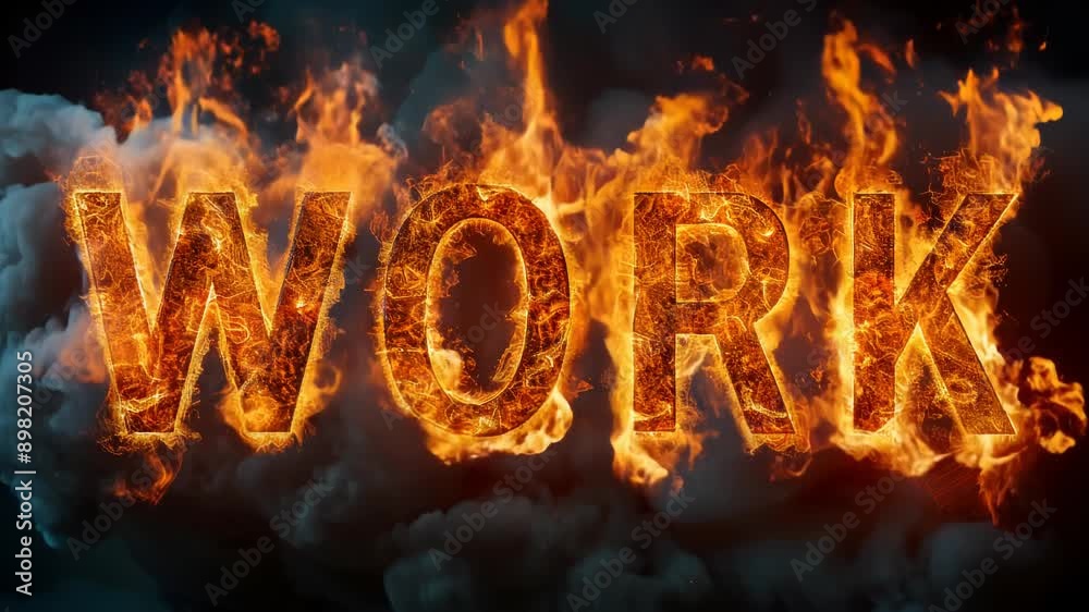 Fiery WORK Text Ablaze: Symbolizing Intense Labor, Passion, and Overwork, Flaming Orange Letters on Smoky Background Fiery WORK Text Ablaze: Symbolizing Intense Labor, Passion, and Overwork, Flaming Orange Letters on Smoky Background