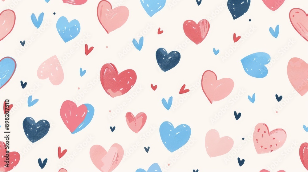 The image displays a repeating pattern of pink and blue hearts with a variety of sizes and shapes, set against a light pink background. The image displays a repeating pattern of pink and blue hearts with a variety of sizes and shapes, set against a light pink background.