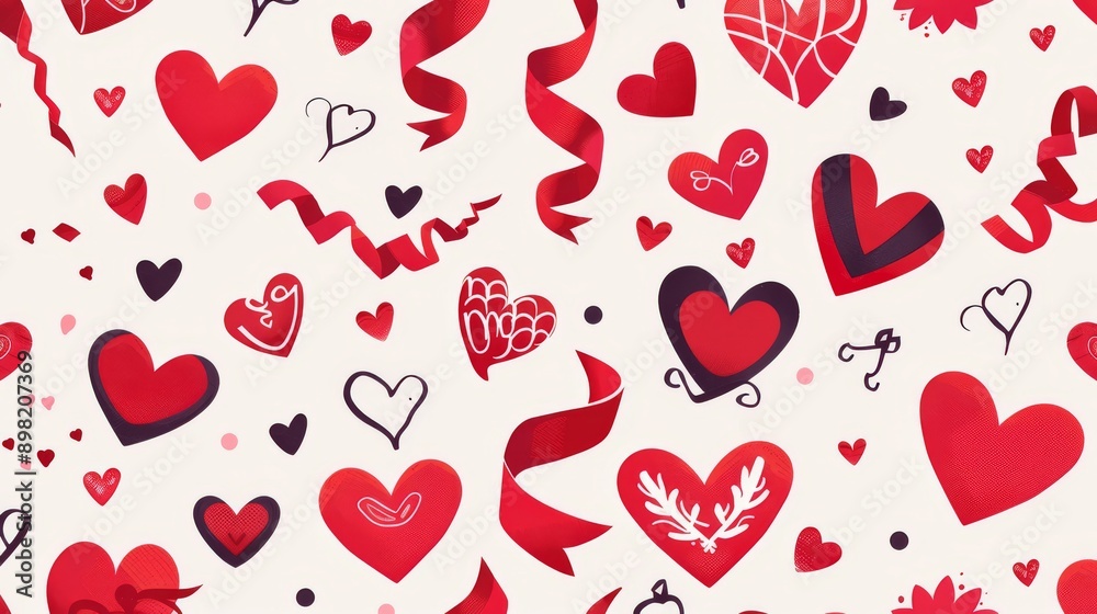 Abstract design with curved red and black hearts on a white background. Some of the hearts have a floral design. Abstract design with curved red and black hearts on a white background. Some of the hearts have a floral design.