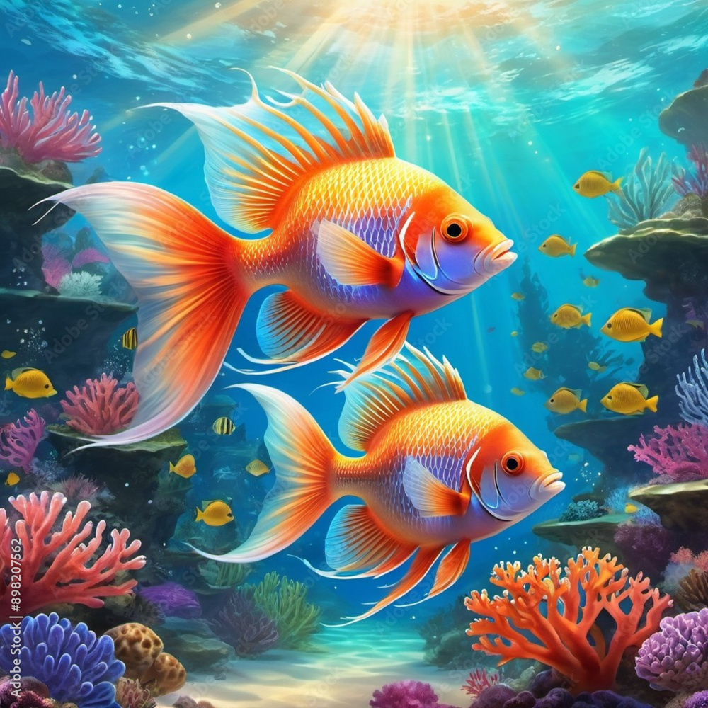 Vibrant orange white yellow blue red reef fish swim through coral reef. Sun rays pierce sea water. Variety of animal. Ecology hydrosphere. Anthropogenic factor influencing death of coral reefs. AI Vibrant orange white yellow blue red reef fish swim through coral reef. Sun rays pierce sea water. Variety of animal. Ecology hydrosphere. Anthropogenic factor influencing death of coral reefs. AI