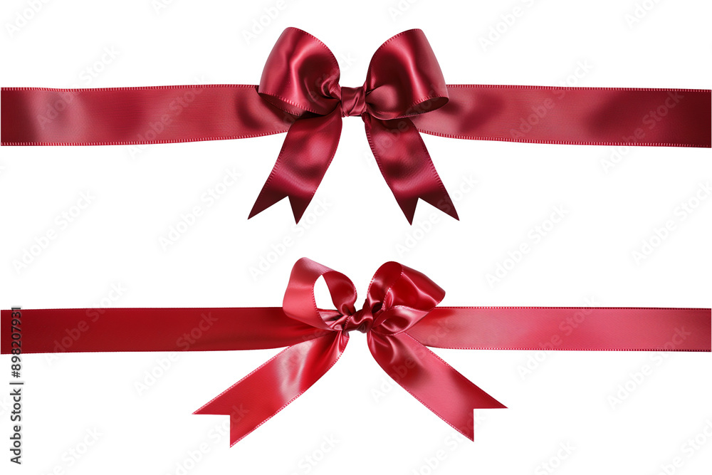 Red ribbon with a bow for Christmas, birthday, or valentines day present decoration set isolated on a transparent background, cut out, PNG Red ribbon with a bow for Christmas, birthday, or valentines day present decoration set isolated on a transparent background, cut out, PNG