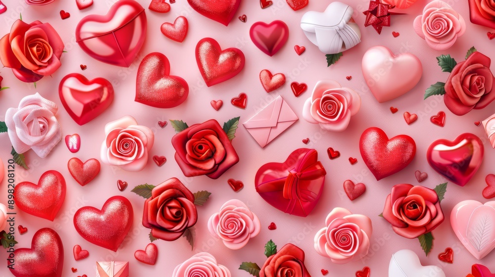 The image is a vibrant display of various heart shapes in shades of red and pink, set against a contrasting white background.