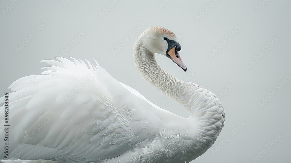 Fototapeta premium Photograph a single swan with its neck gracefully curved, the pure white background highlighting its delicate feathers and serene expression.