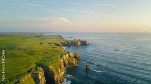 Aerial view of clifftop, Bedruthan steps during sunset  photo