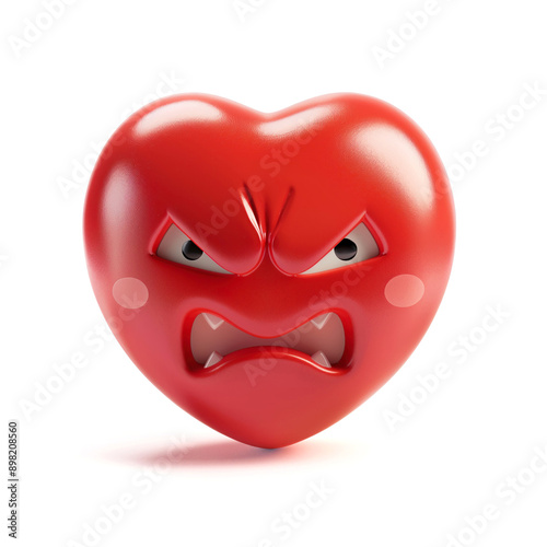 3D Angry red heart with a furious and intense expression, showing sharp teeth, isolated in white background.