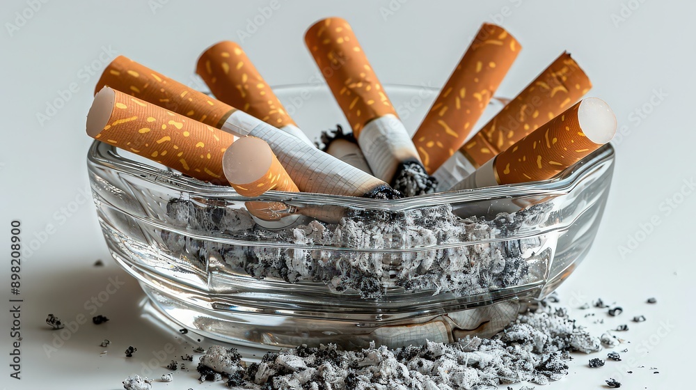 glass ashtray with several partially smoked cigarettes and ash, set against a white background to emphasize the casual, everyday aspect of smoking. glass ashtray with several partially smoked cigarettes and ash, set against a white background to emphasize the casual, everyday aspect of smoking.