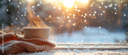 A steaming cup of hot cocoa on a windowsill, the scent mingling with the crisp winter air, symbolizing peace, Cozy Winter Moment
