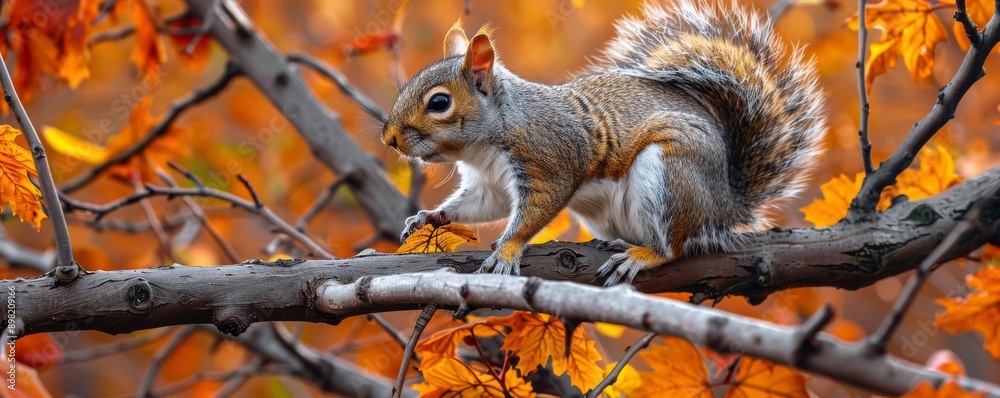 Agile squirrel navigating tree branches in a calm fall park, capturing the essence of autumn tranquility, Leafy Acrobatics Agile squirrel navigating tree branches in a calm fall park, capturing the essence of autumn tranquility, Leafy Acrobatics