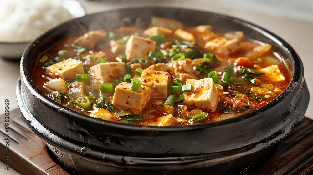 steaming bowl of kimchi jjigae stew, rich in color and filled with tofu, pork, and vegetables, against a white background. steaming bowl of kimchi jjigae stew, rich in color and filled with tofu, pork, and vegetables, against a white background.