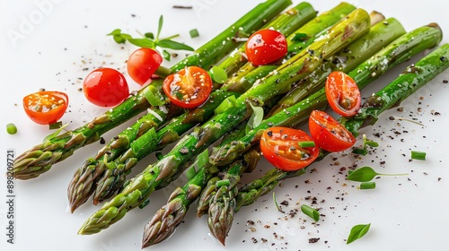 Raw asparagus salad with shaved asparagus spears, cherry tomatoes, and a light vinaigrette, set against a white background to showcase its fresh and healthy appeal.