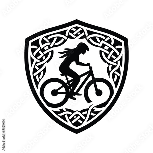 Cycling, bmx female player in celtic knot pattern illustration, emblem shield badge