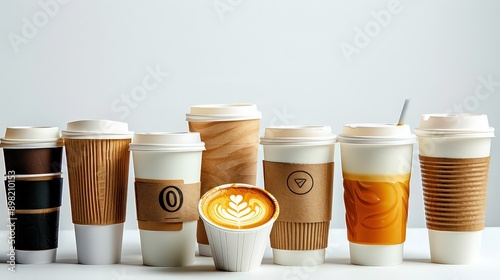 multiple coffee cups and energy drinks, set against a white background to emphasize the unhealthy habit of consuming excessive caffeine.