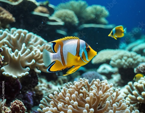 Vibrant orange white yellow blue red reef fish swim through coral reef. Sun rays pierce sea water. Variety of animal. Ecology hydrosphere. Anthropogenic factor influencing death of coral reefs. AI