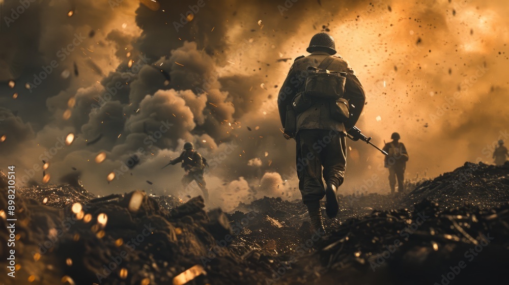 A cinematic scene of a soldier leading their team through a battlefield, eyes fixed ahead with intense focus, smoke and chaos behind them illustrating the peril they left behind, embodying courage A cinematic scene of a soldier leading their team through a battlefield, eyes fixed ahead with intense focus, smoke and chaos behind them illustrating the peril they left behind, embodying courage