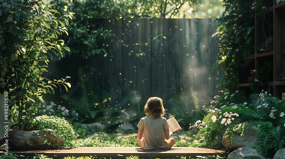 Child reading a book in a small garden nook, a peaceful leisure break under the sun, Garden Escape Child reading a book in a small garden nook, a peaceful leisure break under the sun, Garden Escape