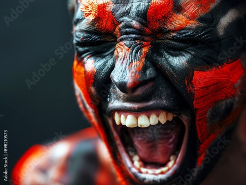 A close-up of a hardcore fan with a face painted in team colors, screaming in fervor, sweat and determination evident, sharp contrast and dramatic lighting highlighting the intensity and raw emotion